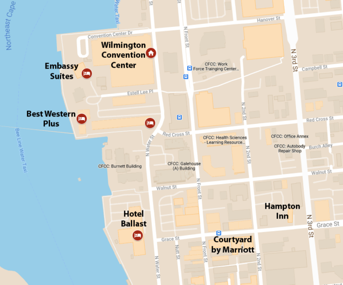Map of downtown hotels within a short walking distance of the Wilmington Convention Center 